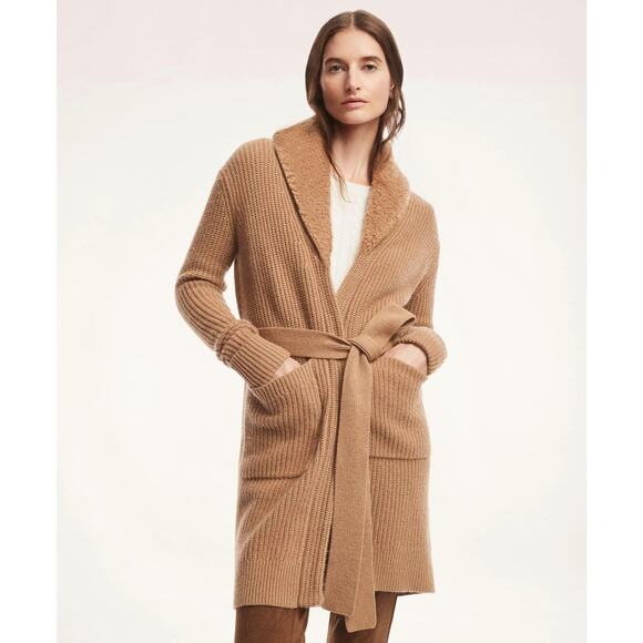 Brooks Brothers Camel Hair Belted Cardigan Size Large Tan Mid-Length Relaxed - Picture 1 of 10